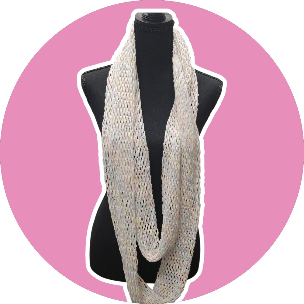 Muted Pastel Pink, Green, Purple And Cream Textured Knit Infinity Scarf.